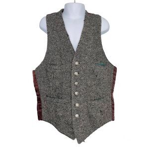 Vintage Boys Vest S Black White Tweed Chevron Sleeveless Waistcoat
